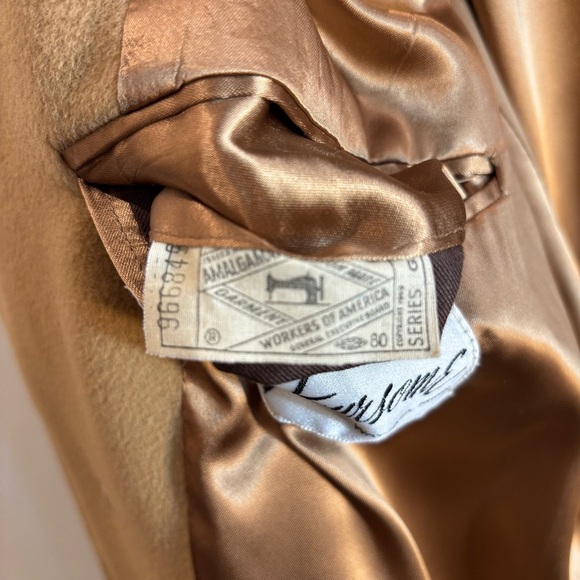 THE FOURSOME Sz L (estimated) 100% Cashmere Camel Coat Union Made Peak Lapel - Picture 9 of 12